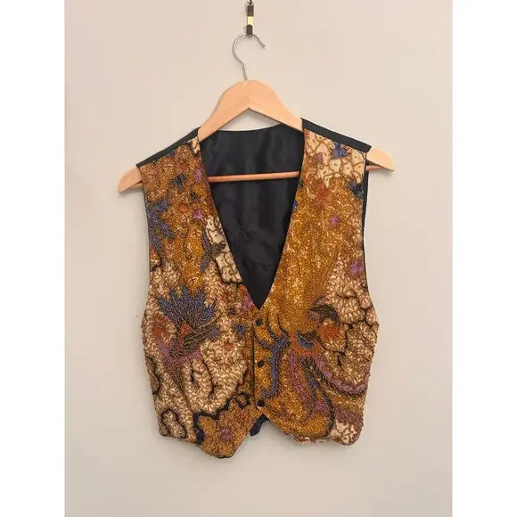 Vintage Batik Beaded Vest | Brown & Multicolor | Handmade Detailing | Size S - Picture 5 of 8